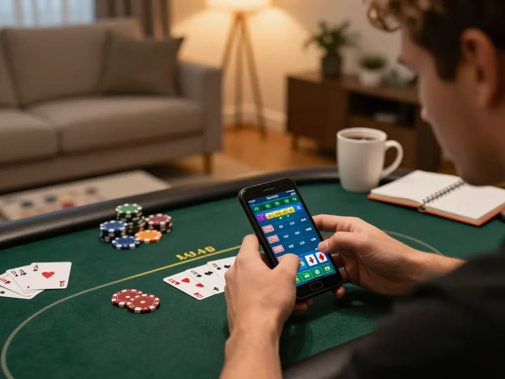 Engaged player using Rikvip app for poker in a cozy living room setting