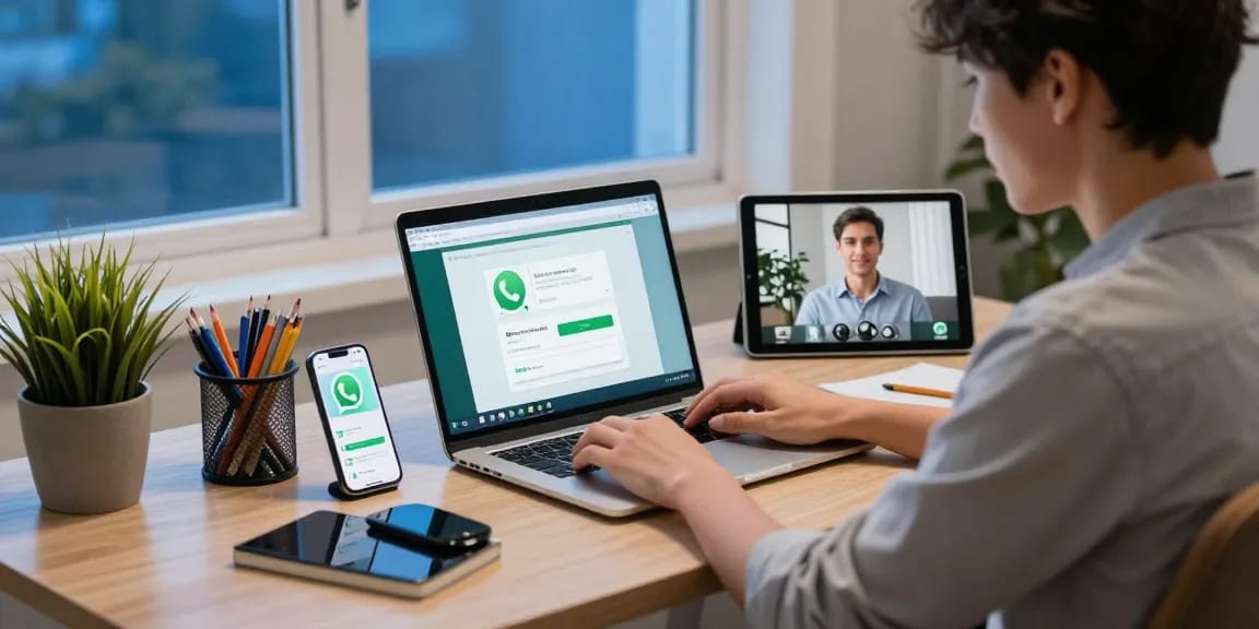 Using WhatsApp電腦版 on a laptop in a modern home office setting with stylish decor and natural light.