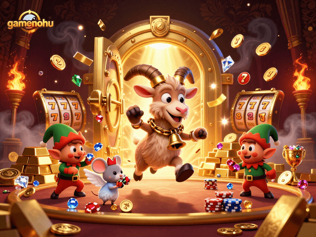 Engage in exciting casino gameplay with gamenohu's festive 3D characters amid treasure and slot symbols.