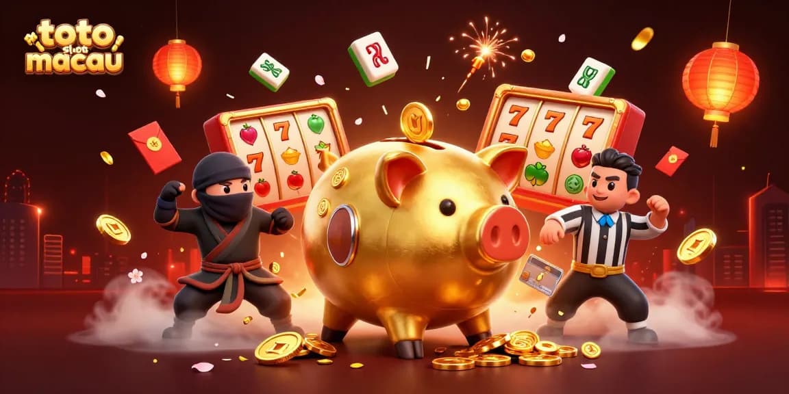 Engage with toto slot macau featuring a sumo piggy bank, a ninja, and a referee in a vibrant 3D casino scene.