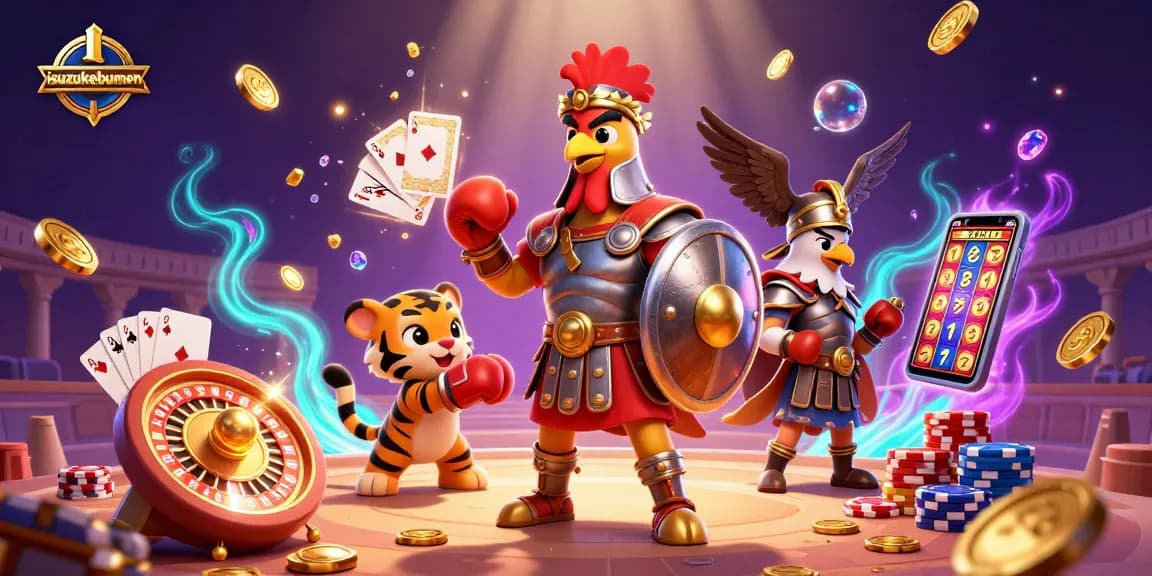 Engage in thrilling gameplay at isuzukebumen with a playful rooster gladiator amidst casino treasures.