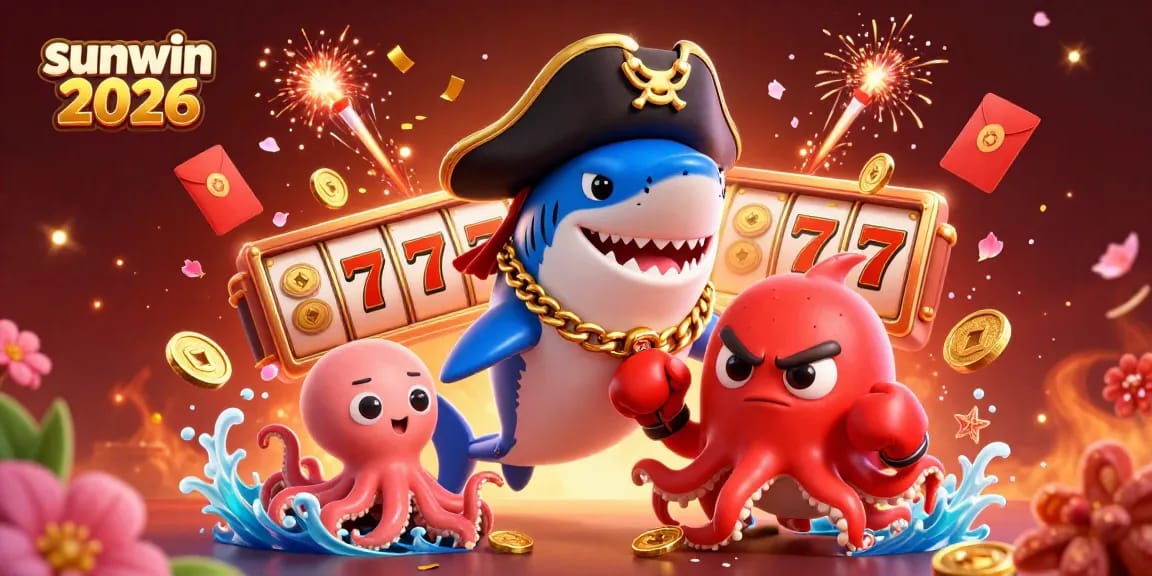 Experience thrilling gameplay with sunwin 2026 as the pirate shark and friends celebrate jackpot wins in a vibrant casino scene.