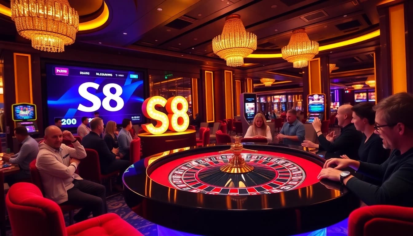 S8 gamblers celebrating a win at a luxurious casino roulette table with vibrant chips.