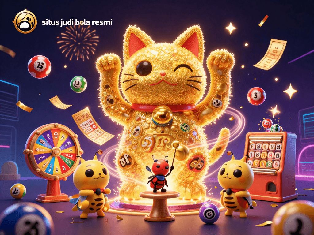 Engage with situs judi bola resmi using vibrant casino symbols, golden tickets, and dynamic lottery elements in celebration