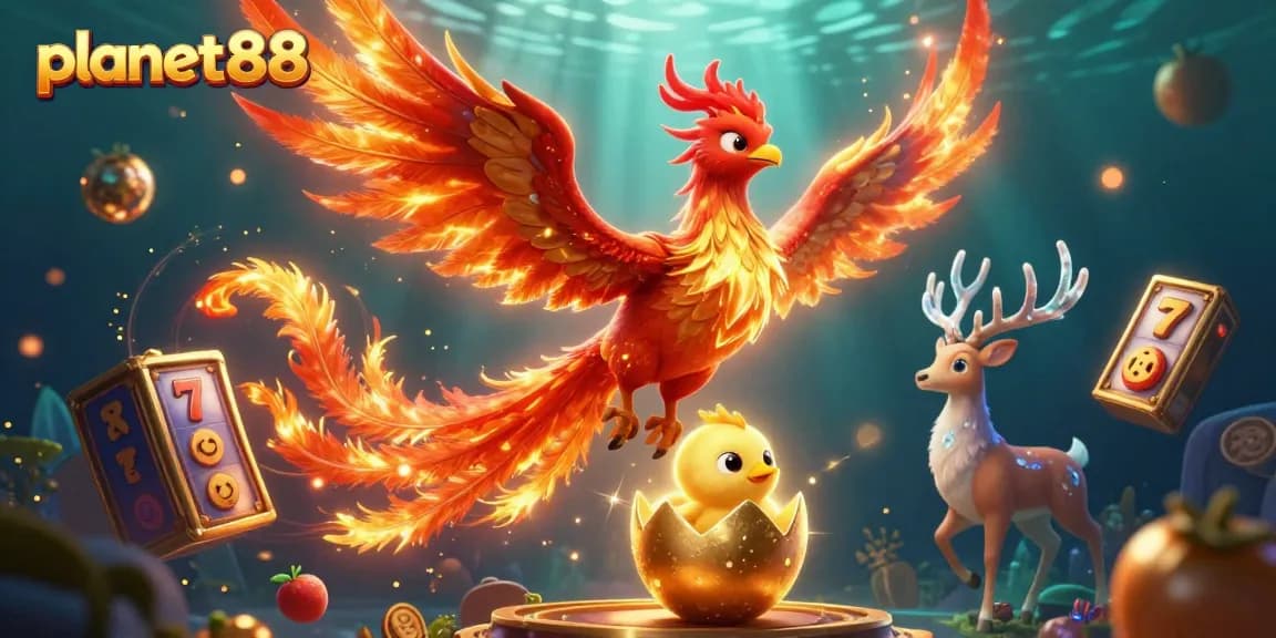 Play slots at planet88 with vibrant casino-themed characters and winning symbols all around.