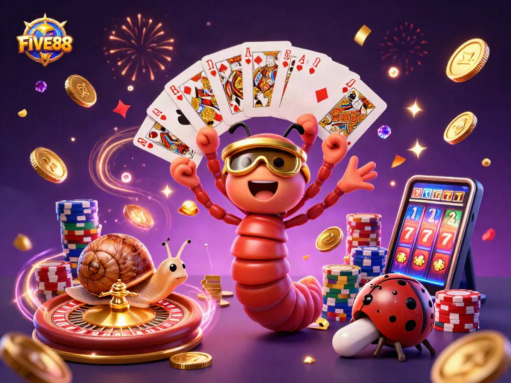 Experience the excitement of FIVE88 with colorful characters and rich casino elements in a vibrant scene.