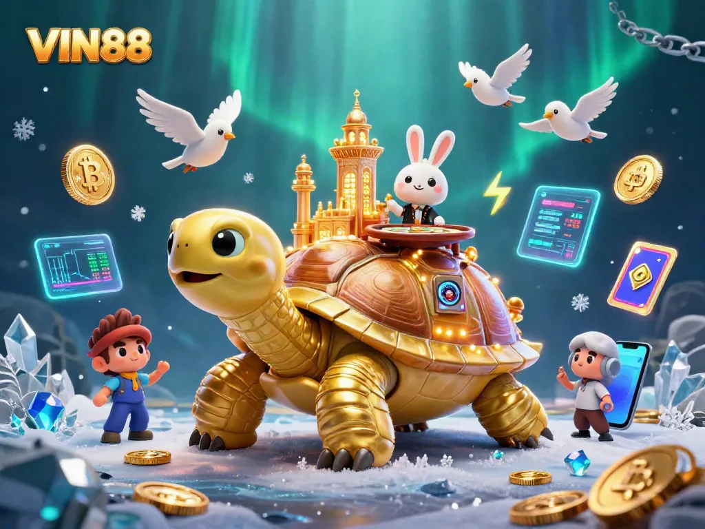 Experience thrilling gameplay with VIN88's vibrant 3D casino illustration featuring a golden tortoise and crypto elements.
