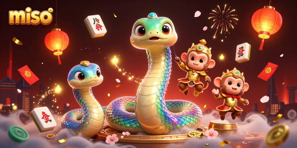 Experience the thrilling miso gaming world with a vibrant scene featuring a playful monkey king and a dazzling serpent.