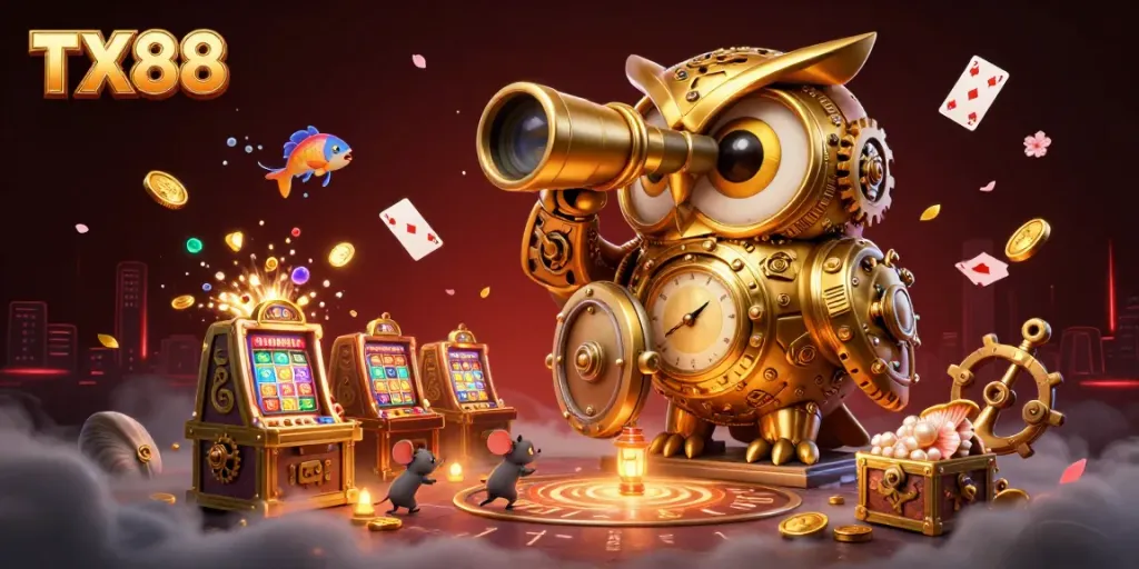 Experience exciting gaming with TX88 as the clockwork owl oversees a vibrant casino scene filled with slot machines and treasures.