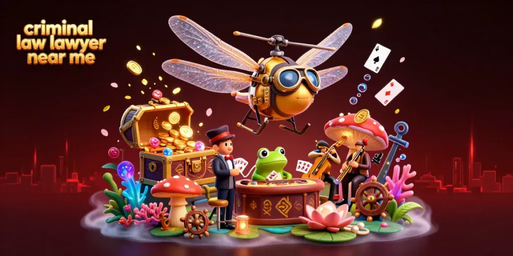 Engaging scene of a 3D cartoon dragonfly pilot and frog croupier creates action for criminal law lawyer near me casino theme.