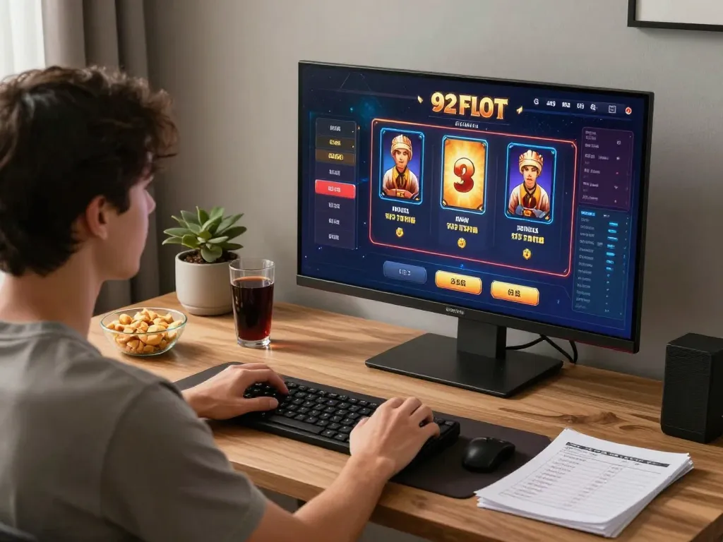 A person enjoying 92slot online gaming in a cozy home setup with snacks and strategy notes