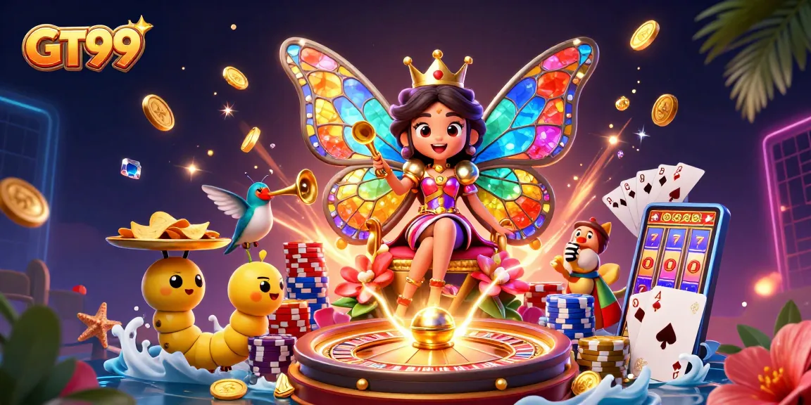 Experience GT99 with a vibrant 3D casino scene featuring a butterfly queen and dynamic game elements.