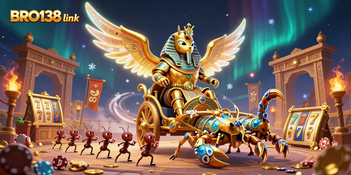 Play and win with BRO138 link, featuring a colossal scarab beetle and gem-encrusted scorpions.