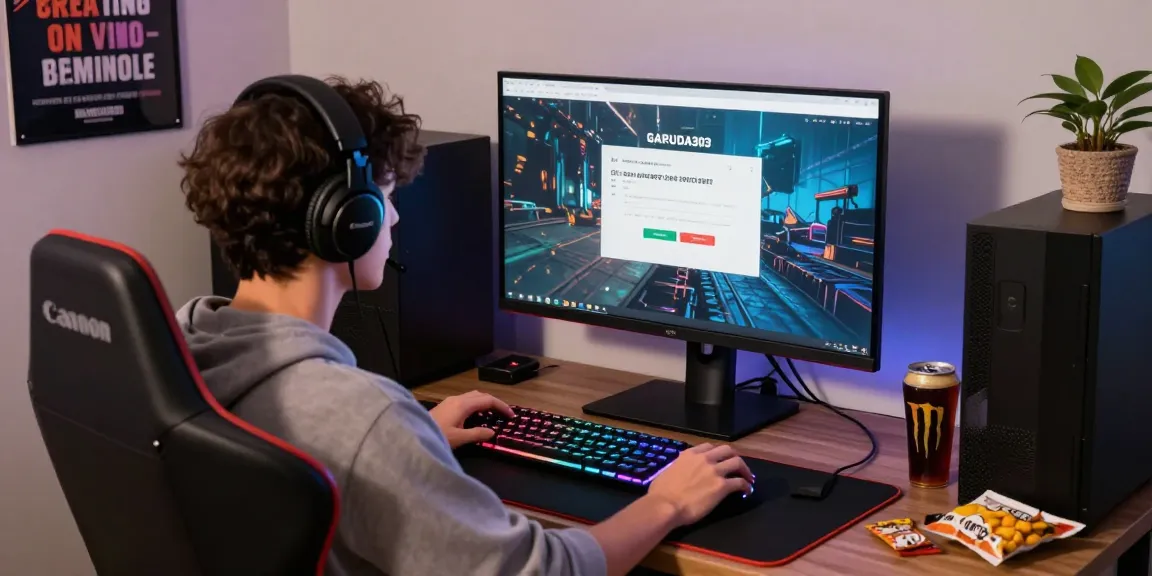 Player engaging with GARUDA303 login page at a vibrant gaming setup with snacks and energy drinks.