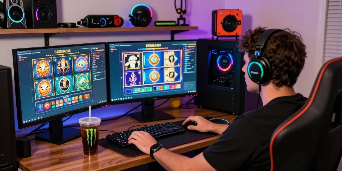 Engaged player using GARUDA303 login interface with multiple monitors and gaming setup.