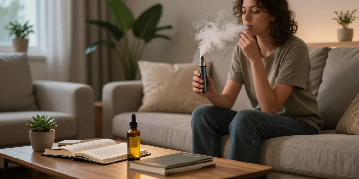 Enjoying a thc weed vape in a cozy living room, with CBD oil and wellness journals present.