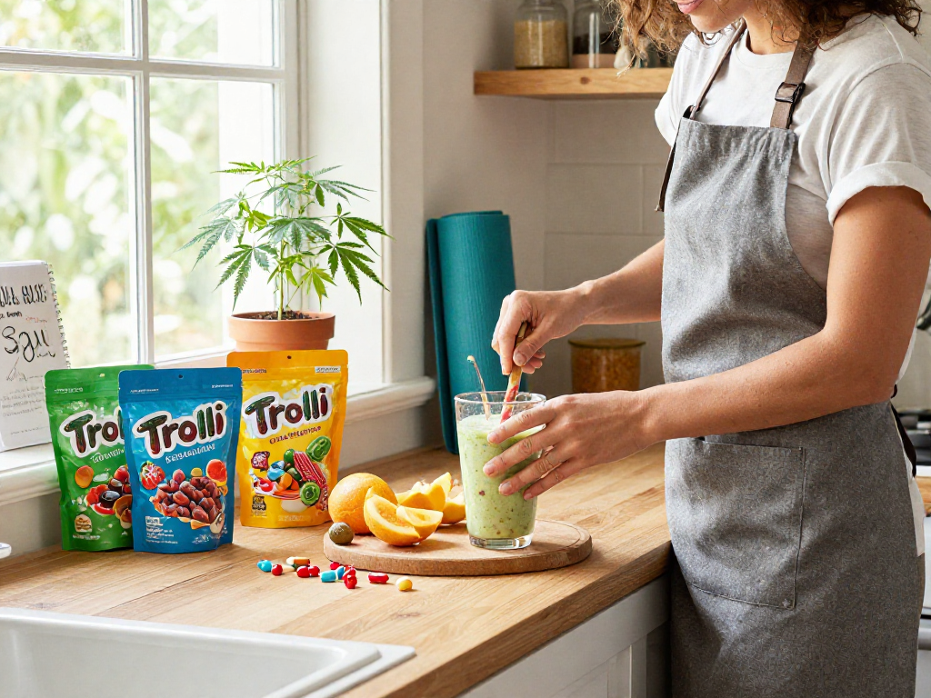 Trolli candy-infused smoothie preparation showcasing fresh ingredients and CBD wellness items in a bright kitchen.