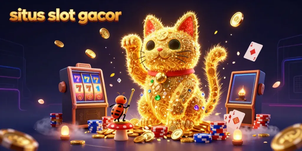 Meriahkan pengalaman bertaruh di situs slot gacor dengan ilustrasi kucing keberuntungan yang melambai di tengah tumpukan koin emas.