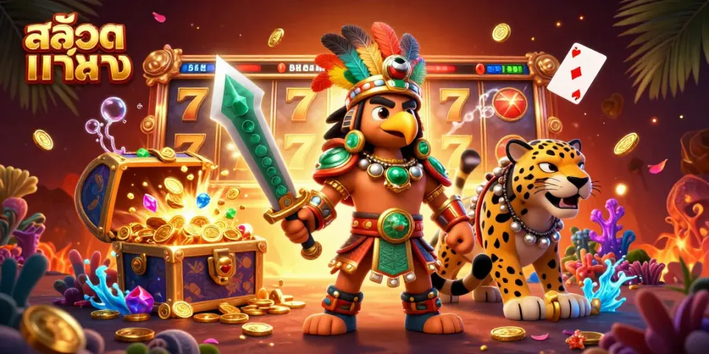 Engage with สล็อตแท้ตรง featuring Aztec warriors amidst spinning slot reels and gold treasures.
