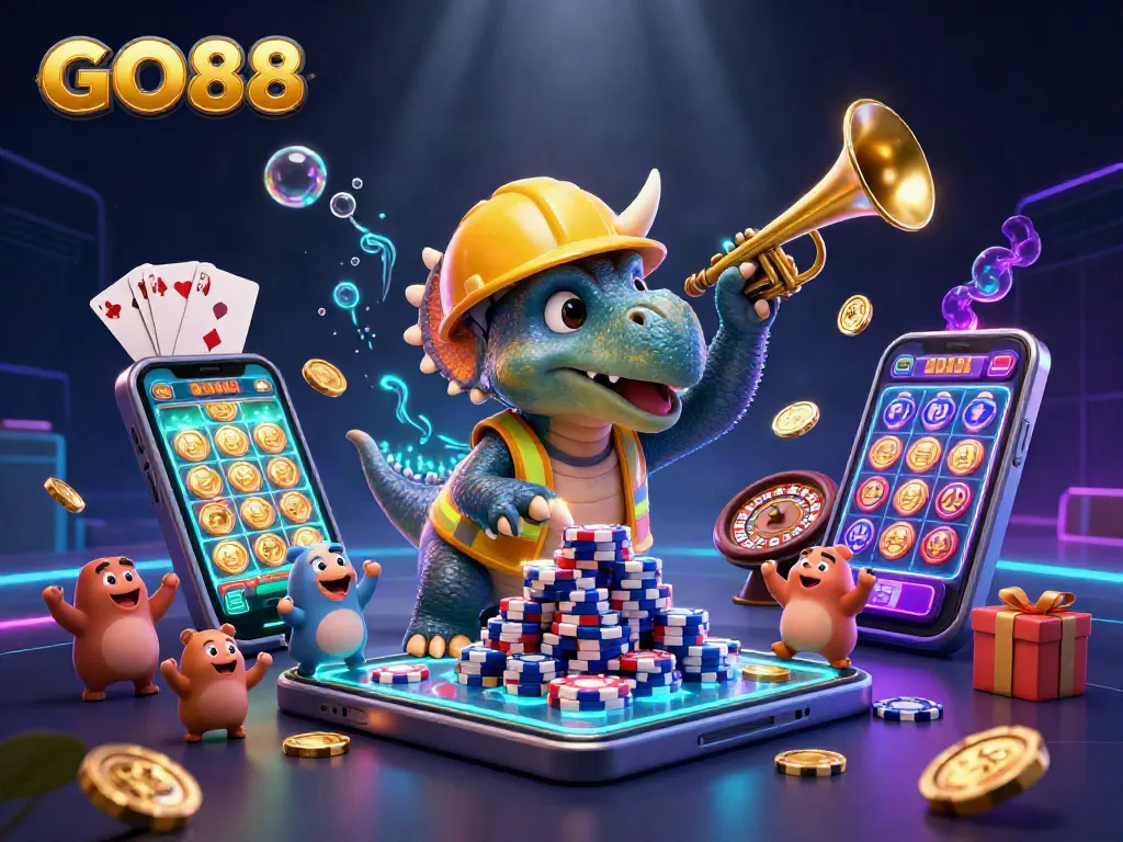 Spin to win with GO88 as joyful dinosaurs celebrate vibrant casino action!
