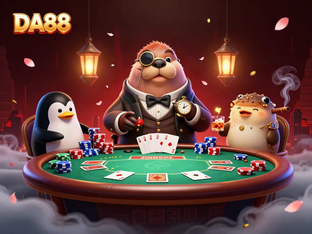 Engage in a thrilling poker experience at DA88 with a whimsical walrus and charming dealer.