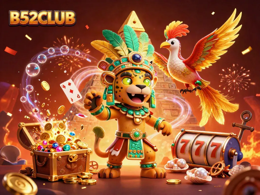 B52CLUB dazzling scene with Mayan priest and quetzal bird amidst colorful gaming elements.