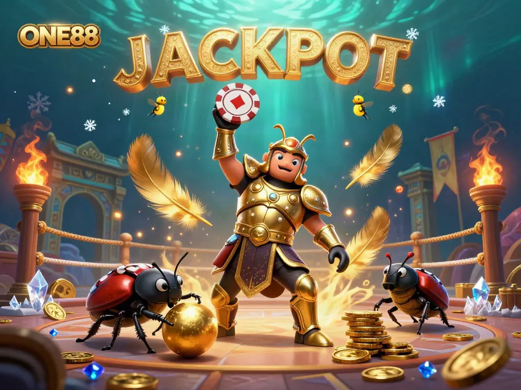 Experience the excitement at ONE88 with a victorious hercules beetle celebrating a jackpot in a vibrant casino setting.