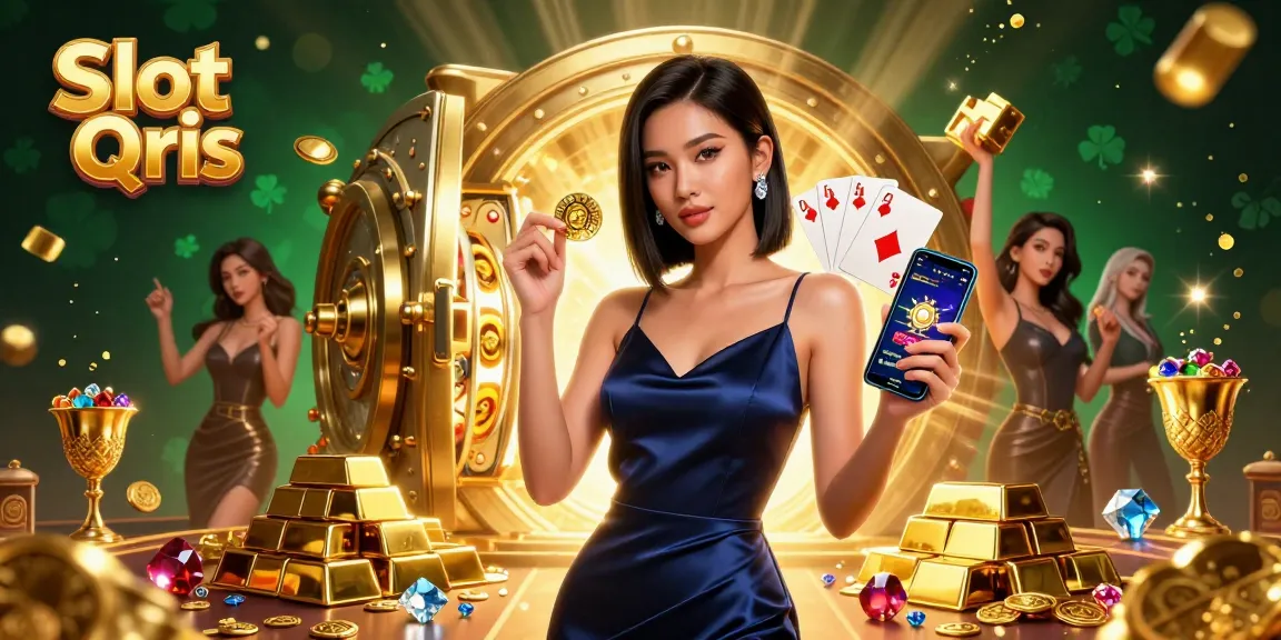 Activating Slot Qris with an Asian woman holding chips and a casino app amidst treasures.