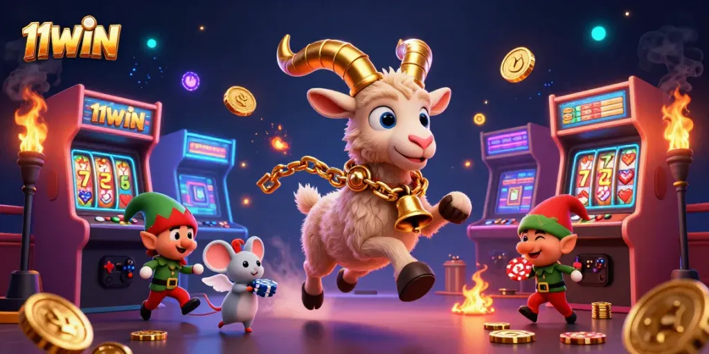Join the thrilling 11WIN casino adventure with festive characters stealing poker chips.