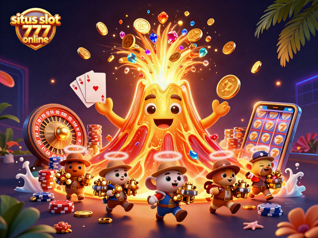 Gambarlah situs slot 777 online yang menampilkan gunung berapi emas dan harta berkilau.