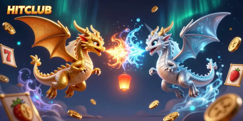 Experience the thrilling action at HITCLUB with dynamic dragons and vibrant casino elements.