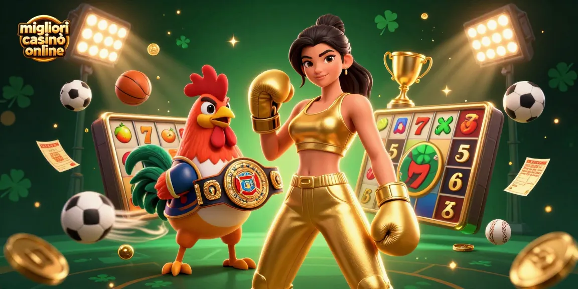 Interagisci con la scena dei migliori casinò online featuring a dynamic woman and rooster amidst casino elements.