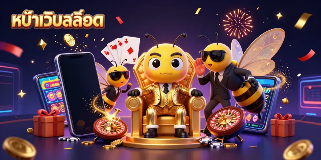 Experience the excitement of หน้าเว็บสล็อต with a vibrant casino scene featuring a bumblebee mob boss and gambling elements.
