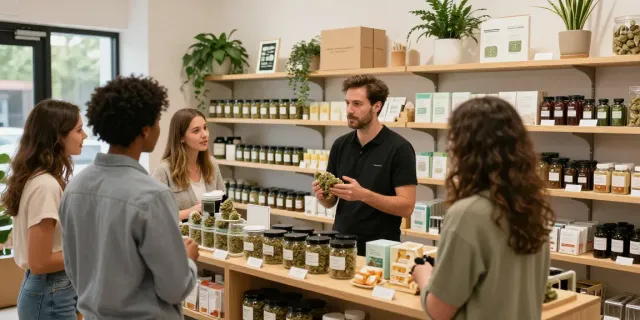 Customers explore products at a Luton weed shop, showcasing a welcoming atmosphere.