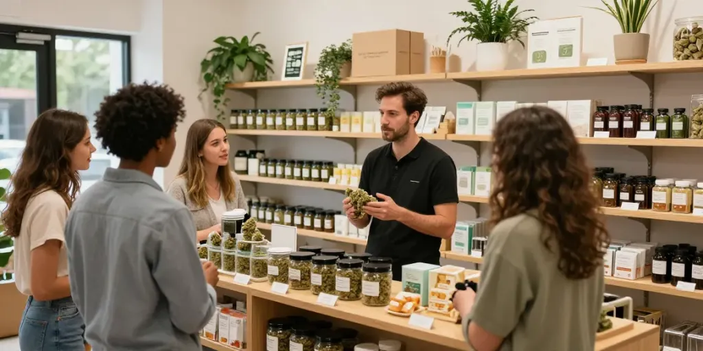 Customers explore products at a Luton weed shop, showcasing a welcoming atmosphere.