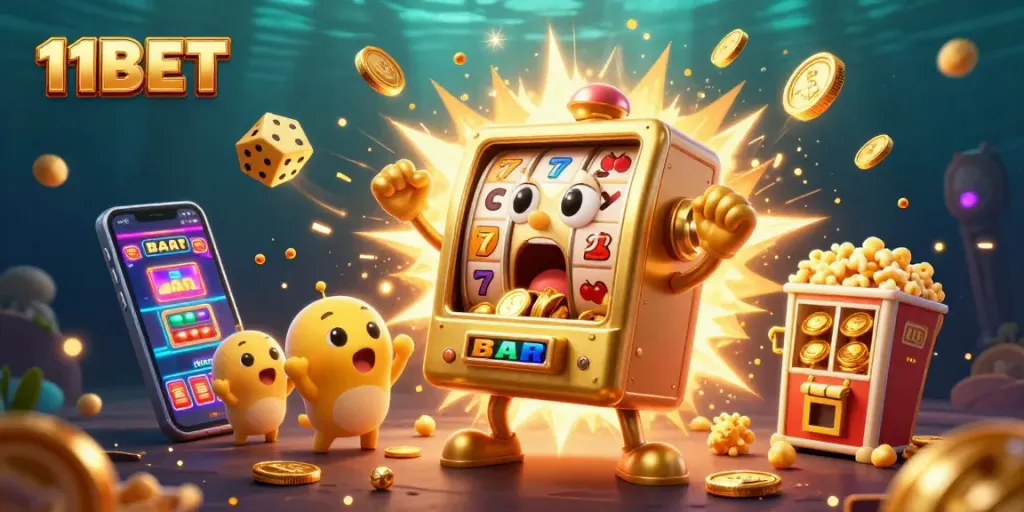Experience the thrill of 11BET with a golden slot machine hitting a jackpot amidst a vibrant casino scene.