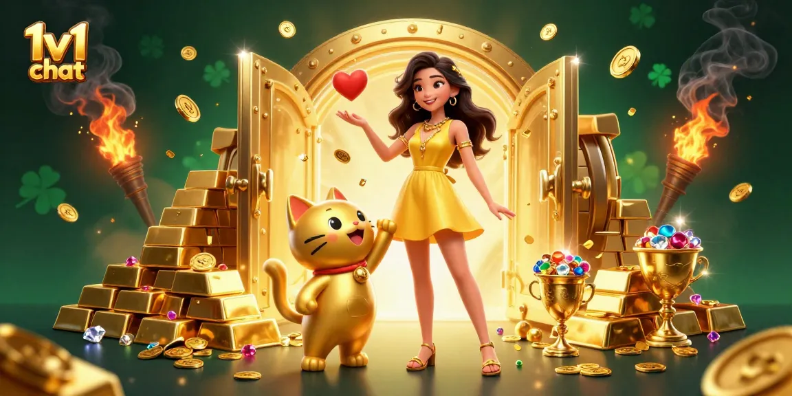 Engage in thrilling 1v1 chat experiences with a cheerful character and a lucky cat, surrounded by gold and treasures.