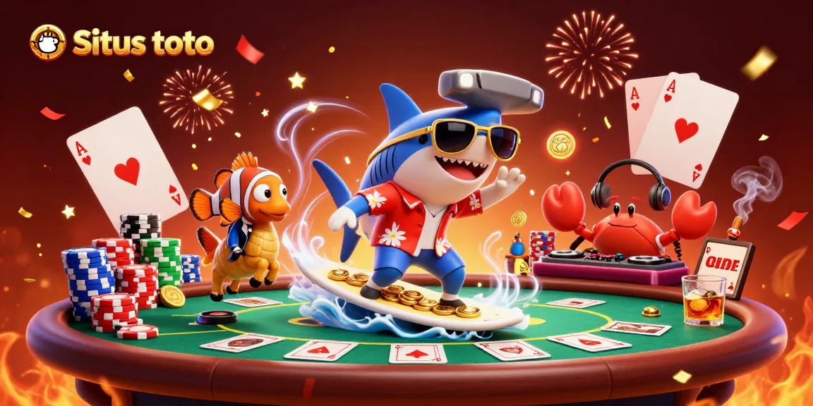 Situs toto captures the excitement of online gambling with vibrant characters surfing through a dynamic casino scene.