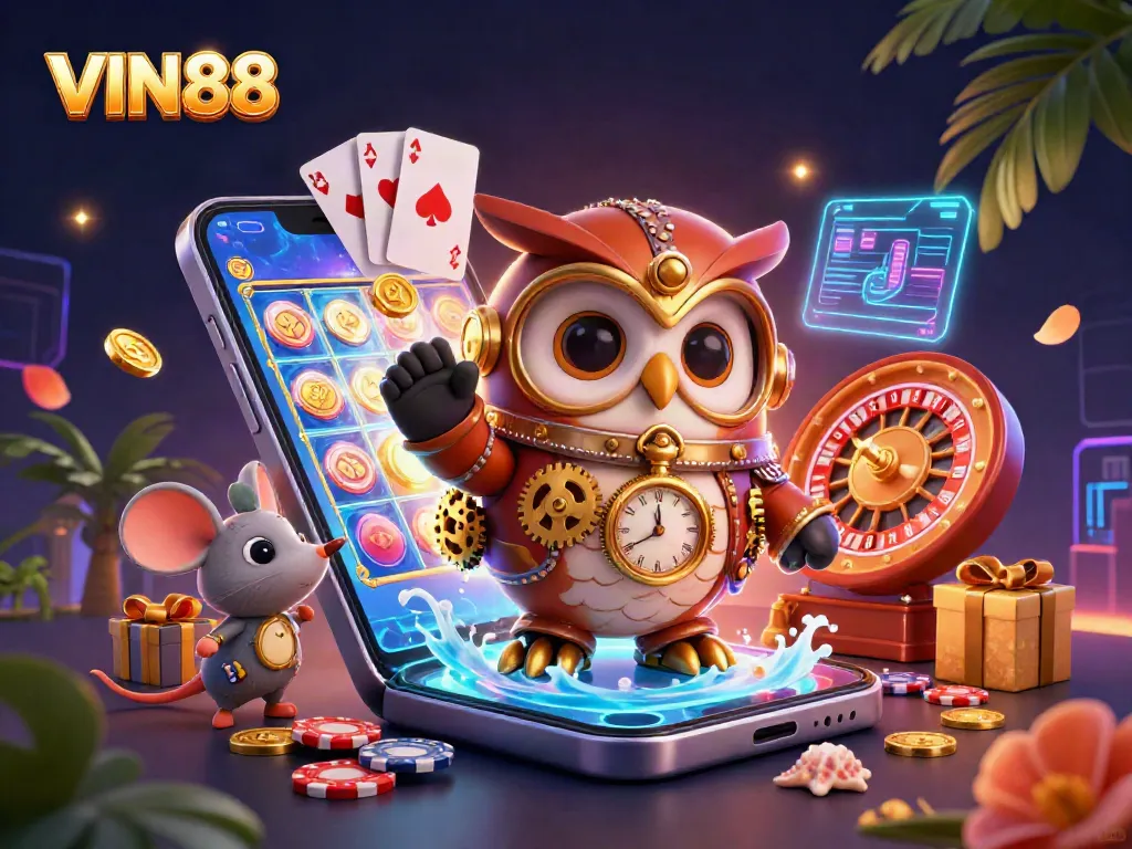 Experience thrilling wins at VIN88 with a vibrant casino scene featuring a time-traveler owl and exciting game elements.