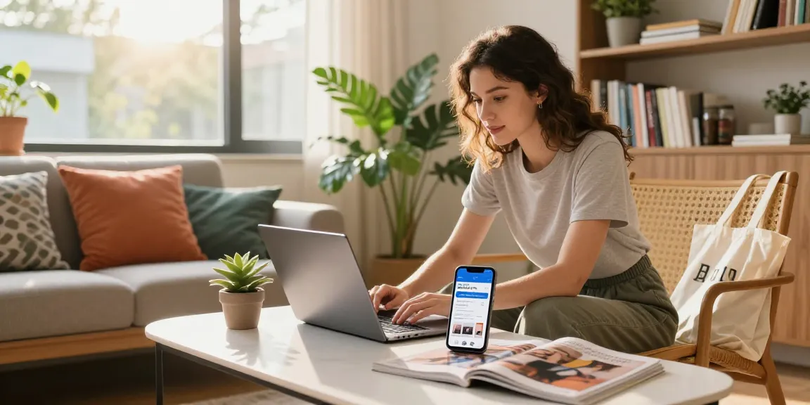 Stylish woman shopping on a laptop at home, showcasing a 레플리카 사이트 online shopping experience.