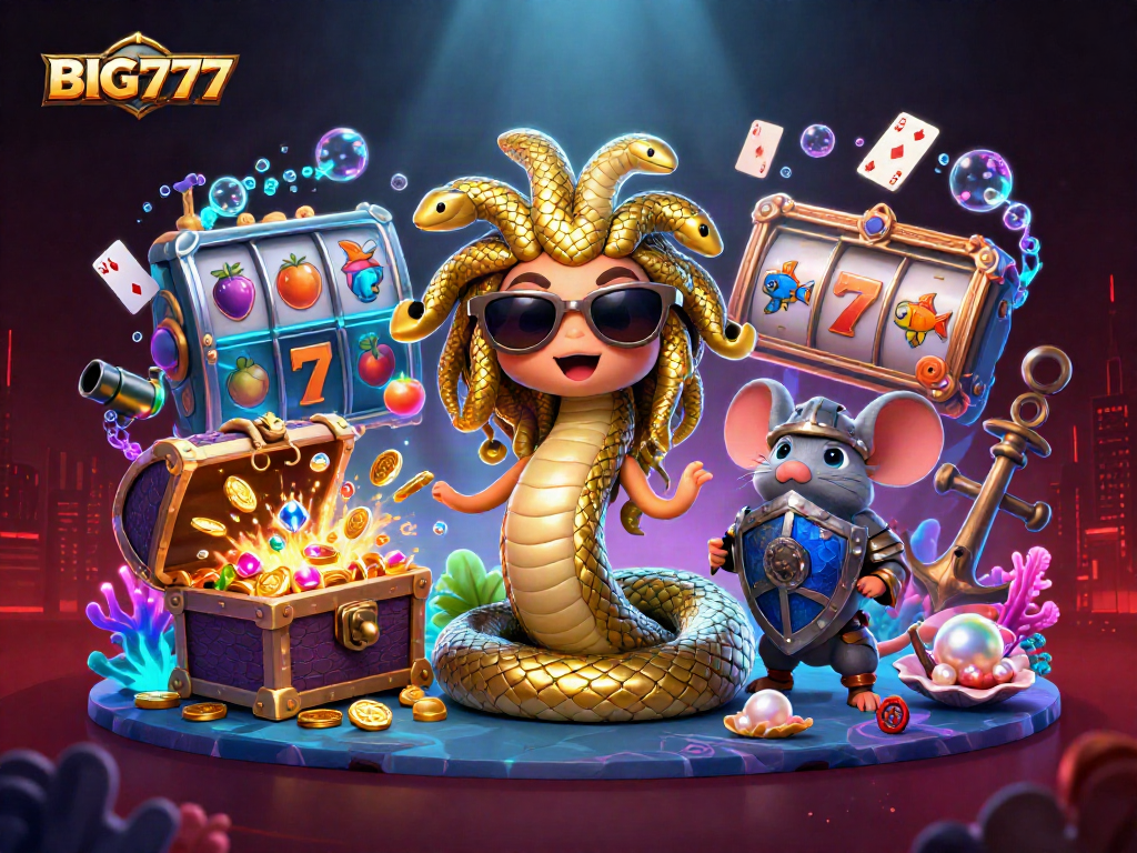 Engage with vibrant slot gaming at BIG777, featuring Medusa and a warrior mouse in a dynamic casino scene.
