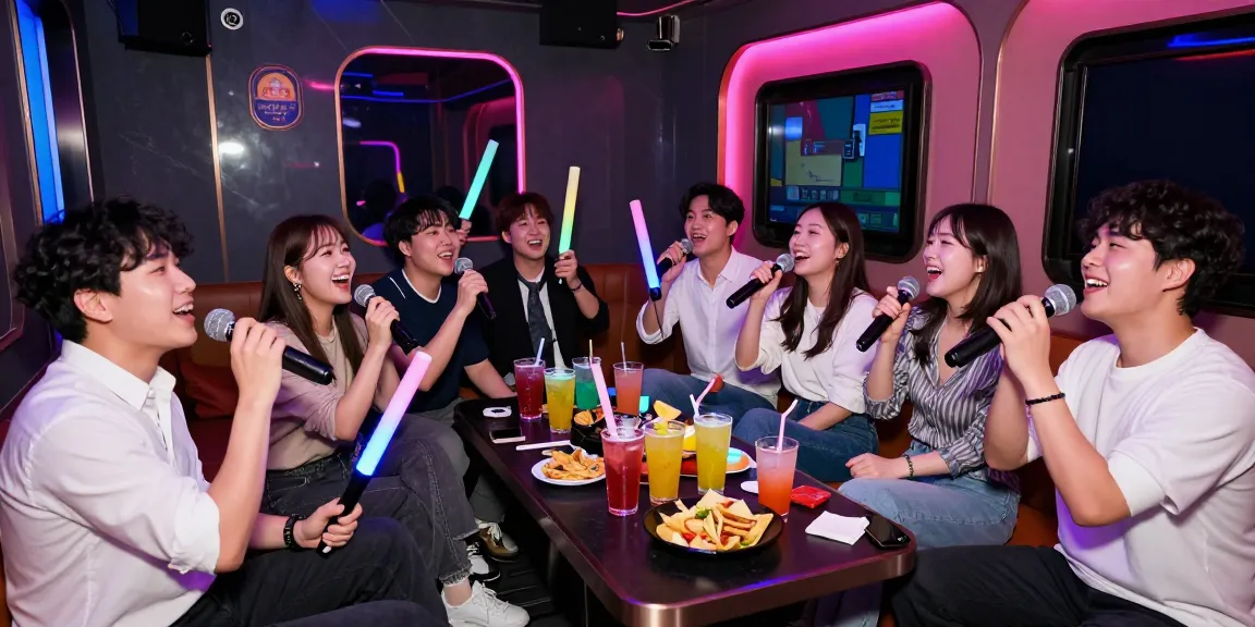 Friends having fun at 인천쓰리노 karaoke venue with colorful lights and drinks.