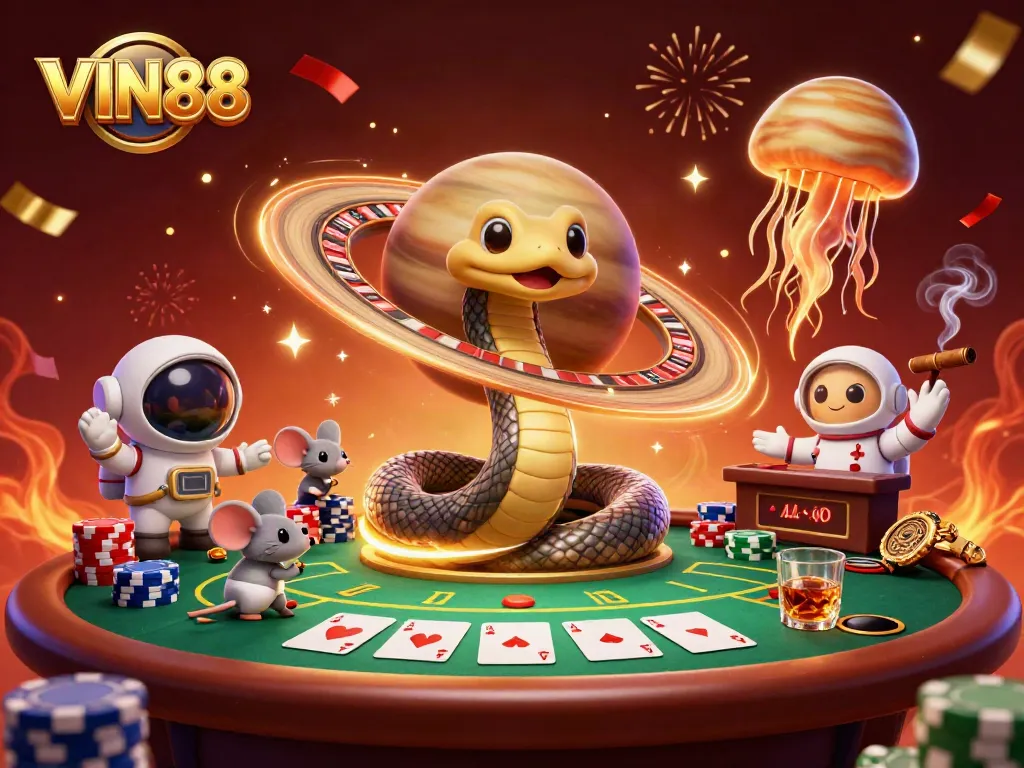 Experience thrilling gameplay with VIN88's cosmic casino scene featuring betting astronaut mice.