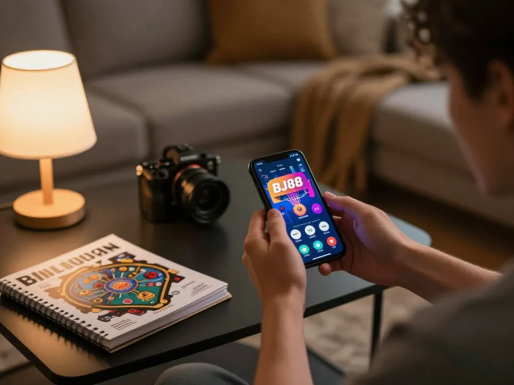 Player using BJ88 mobile app for betting while relaxing at home, showcasing responsible gaming