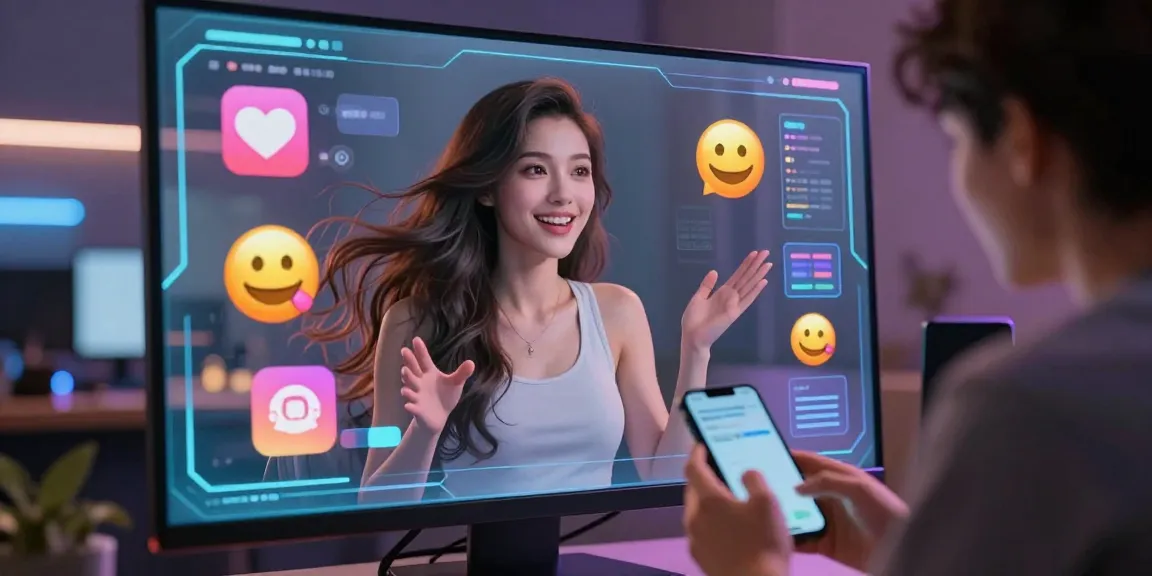 Engaging NSFW AI chat interaction with a vibrant digital character in a futuristic chat room.