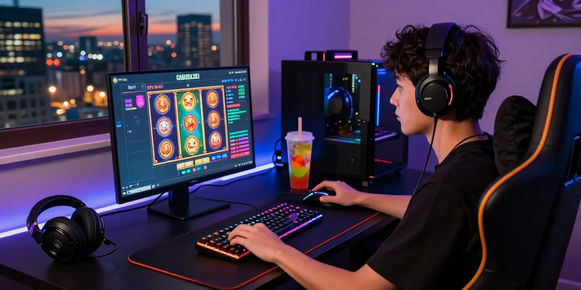 Exciting GARUDA303 login scene showcasing a player engaging with colorful slot games on a vibrant gaming laptop.