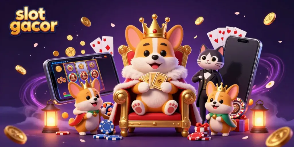Engage in slot gacor excitement with a royal corgi atop poker chips, as coins, cards, and games surround.