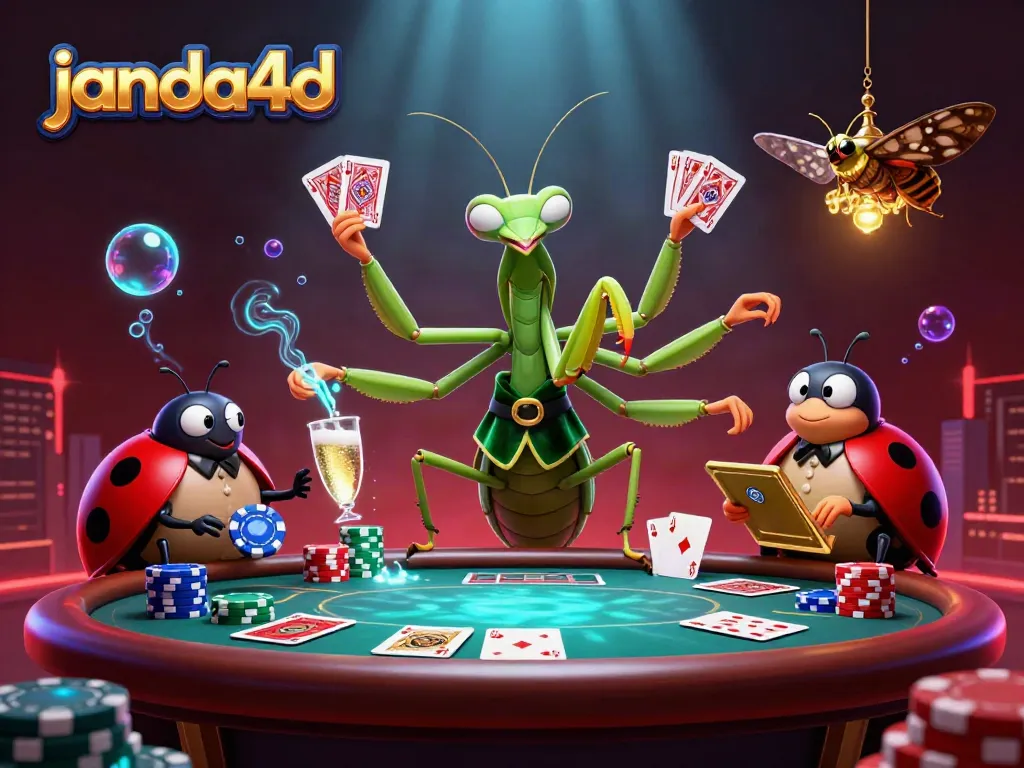 JANDA4D menghadirkan suasana kasino digital meriah dengan karakter unik sambil bermain kartu dan mengelola taruhan.