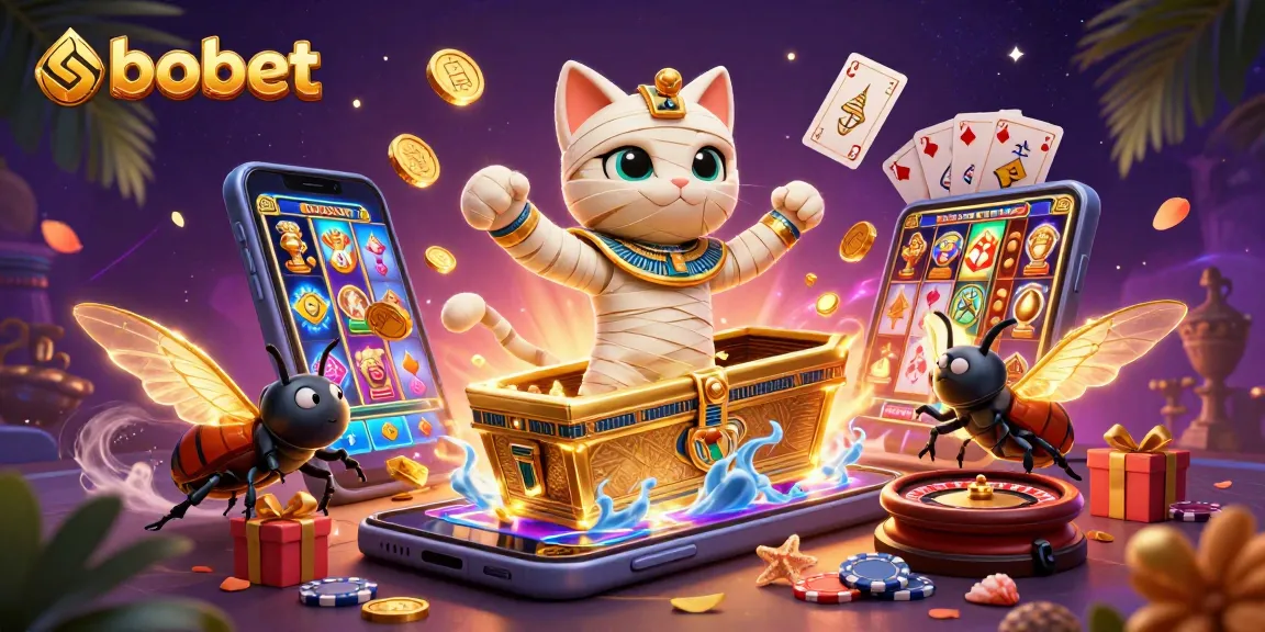 Join the sbobet adventure with a mummy cat and scarab beetle in a vibrant casino scene.