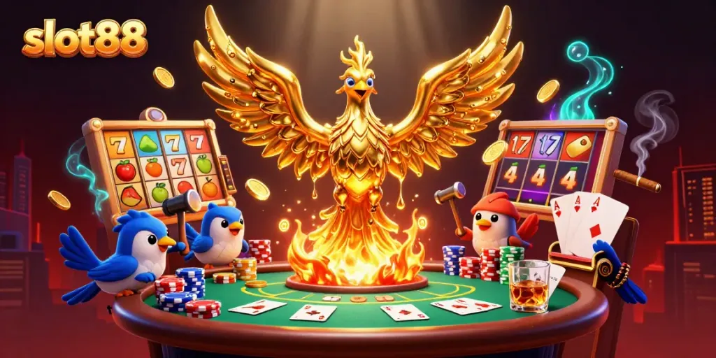 Experience the thrill of slot88 with a stunning molten phoenix amidst rich casino elements.